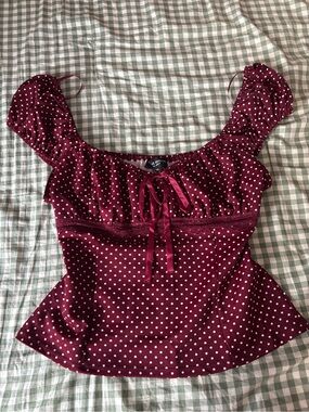 Women’s Burgundy Polka Dot Short Sleeve Peplum Top with Lace and Tie
